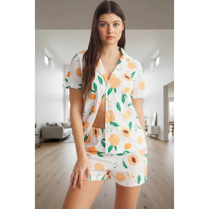 Regular Kalıp %100 Pamuk Homewear Pijama Takımı Kısa Kollu Meyve Desenli Profesyonel Görünüm