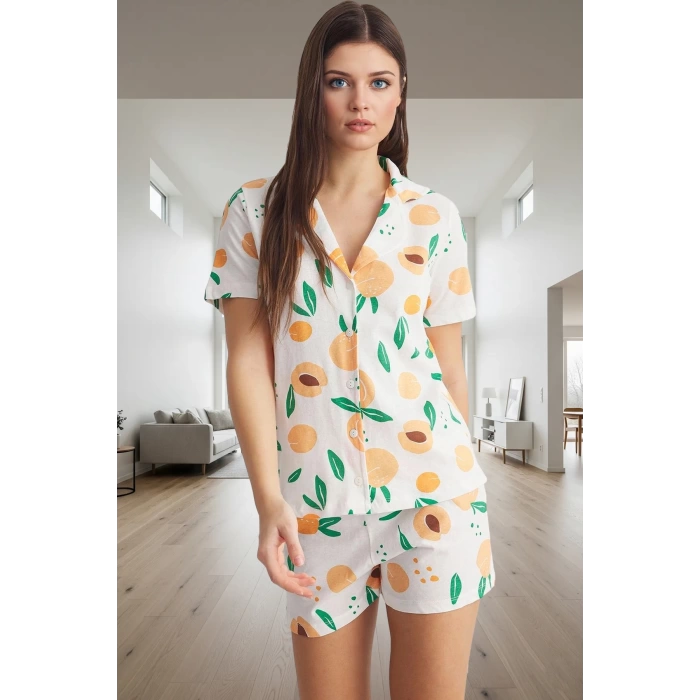 Regular Kalıp %100 Pamuk Homewear Pijama Takımı Kısa Kollu Meyve Desenli Profesyonel Görünüm