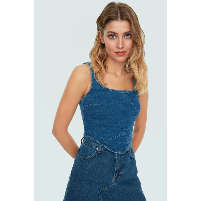 Regular Kalıp Denim Bluz Kare Yaka Kalın Askılı Pamuklu Mükemmel Uyum Modern Stil