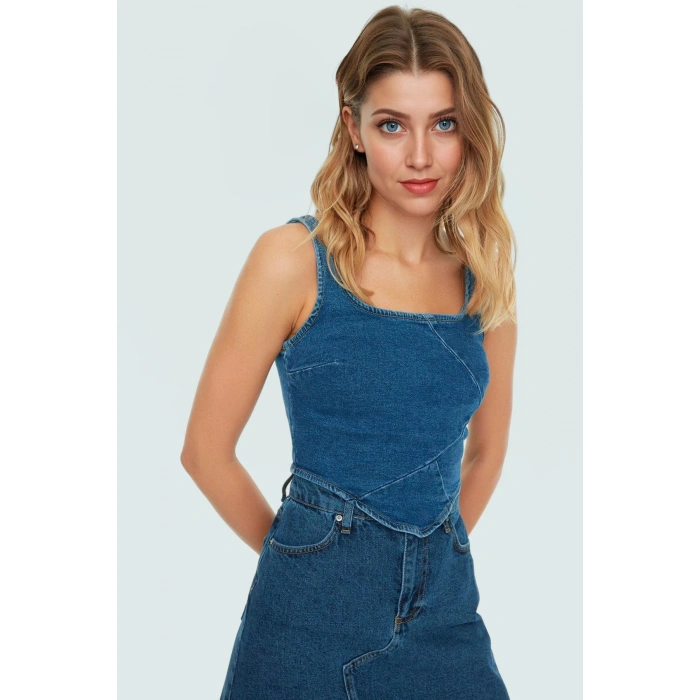 Regular Kalıp Denim Bluz Kare Yaka Kalın Askılı Pamuklu Mükemmel Uyum Modern Stil
