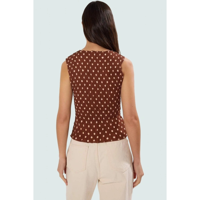 Regular Kolsuz Fitted Bluz Ekose Desenli Polyester Esnek Örme Kumaş Trend Tasarım Özenle Seçilmiş