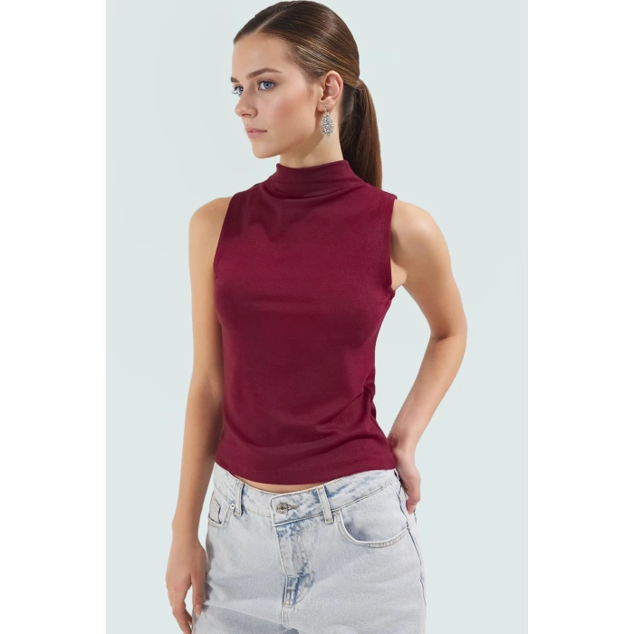 Regular Örme Bluz Dik Yaka Kolsuz Fitted Kalıp Günlük Yüksek Kalite Dayanıklı Malzeme