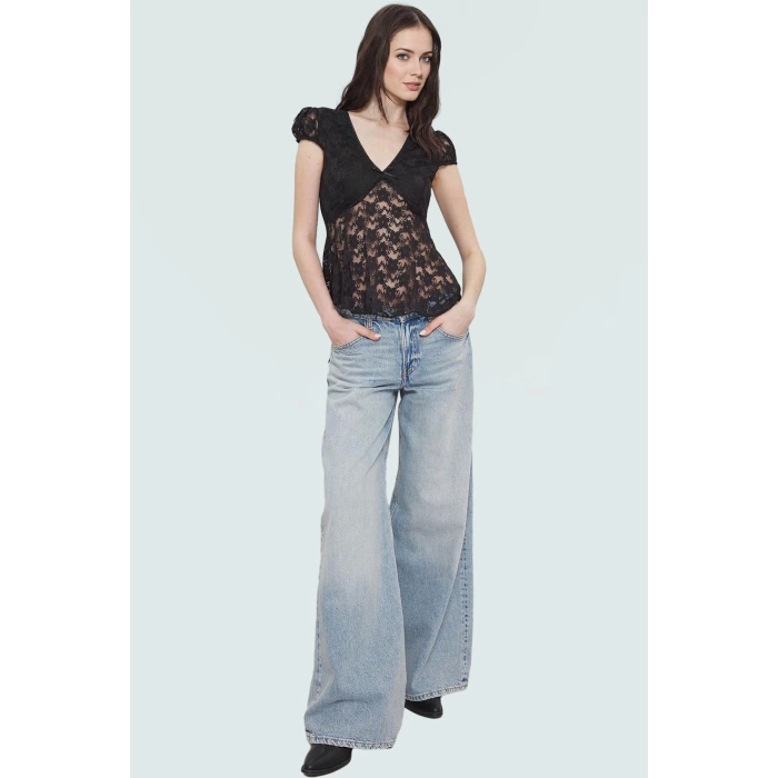 Regular Örme Dantel Bluz Fitted V Yaka Kısa Kollu Gündüz Gece Şıklığı İçin