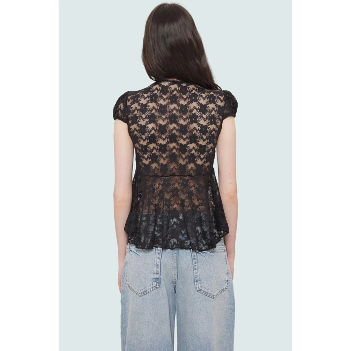 Regular Örme Dantel Bluz Fitted V Yaka Kısa Kollu Gündüz Gece Şıklığı İçin