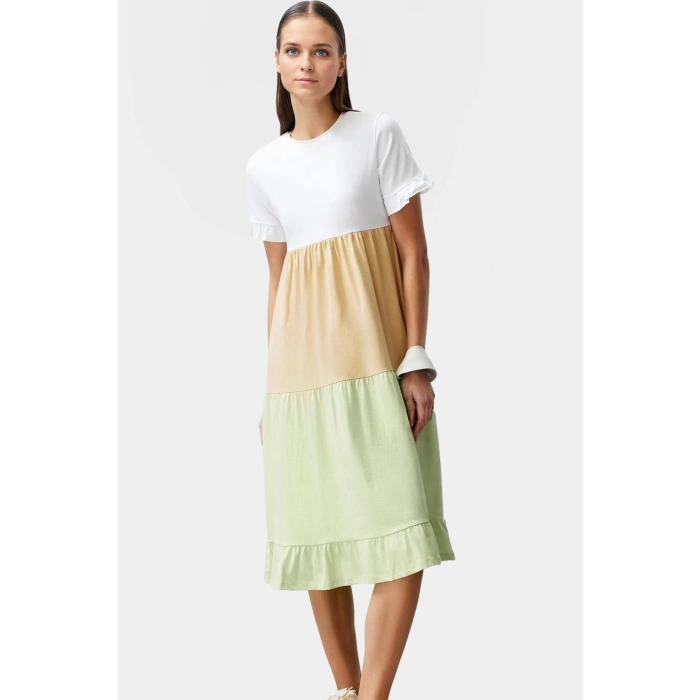 Renk Bloklu A Kesim Midi Elbise Pamuklu Örme Kumaş Günlük Stil Premium Kalite Trend Tasarım