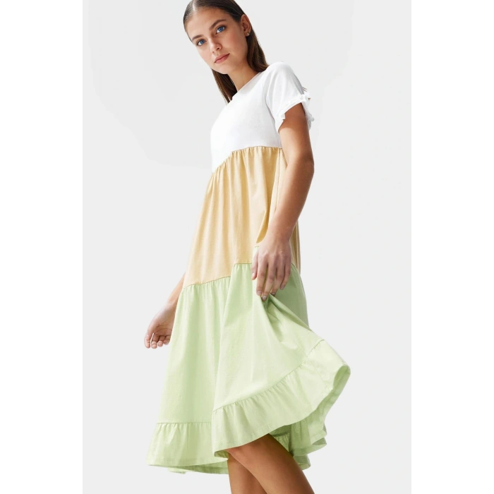 Renk Bloklu A Kesim Midi Elbise Pamuklu Örme Kumaş Günlük Stil Premium Kalite Trend Tasarım