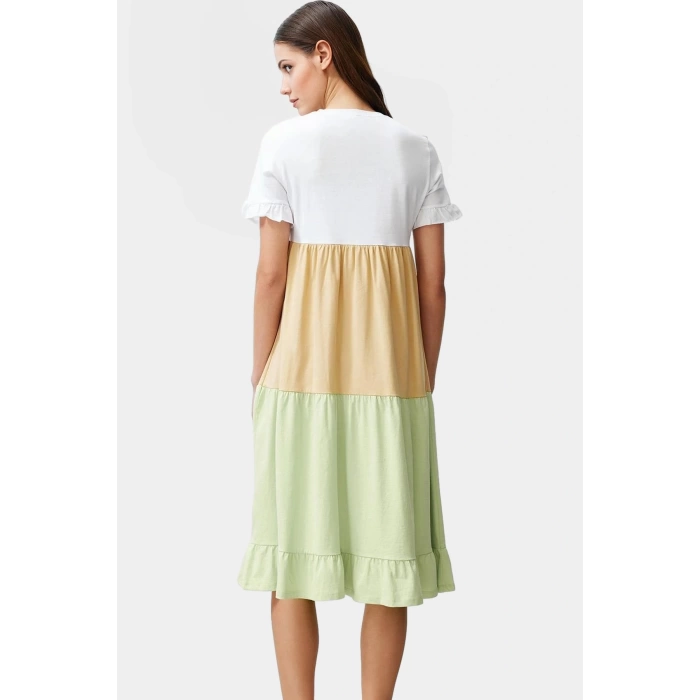 Renk Bloklu A Kesim Midi Elbise Pamuklu Örme Kumaş Günlük Stil Premium Kalite Trend Tasarım