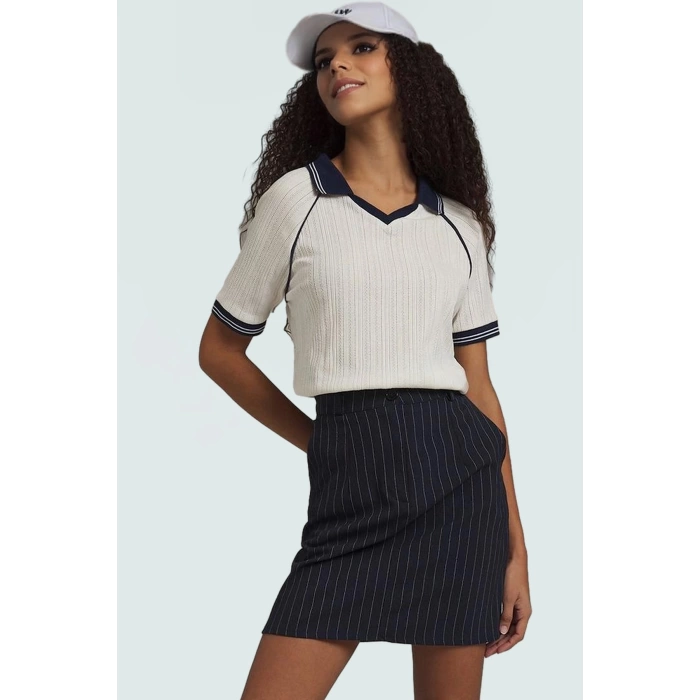 Renk Bloklu Polo Yaka Kısa Kollu Örme Bluz Rahat Günlük Stil Seçkin Malzeme Kullanım