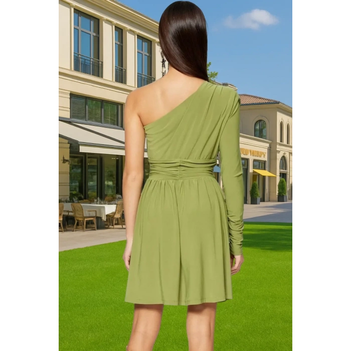 Sandy Dokuma Tek Omuz A Kesim Mini Elbise Polyester Karışımlı Cut Out Detaylı Dayanıklı Malzeme