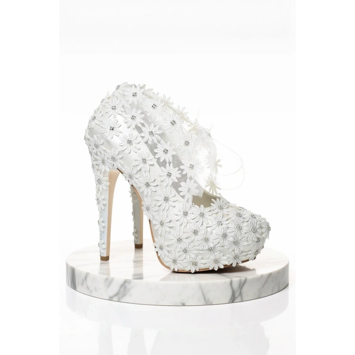 Sedef Inci Taş Işlemeli Gelin Ayakkabı Kadın Topuklu Abiye Ayakkabı Şık Gece Ayakkabısı