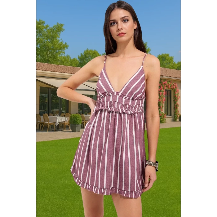 Şeritli Flamlı Pamuk Mini Elbise Yazlık Plaj Modası Premium Kalite Şık Görünüm Premium Kalite