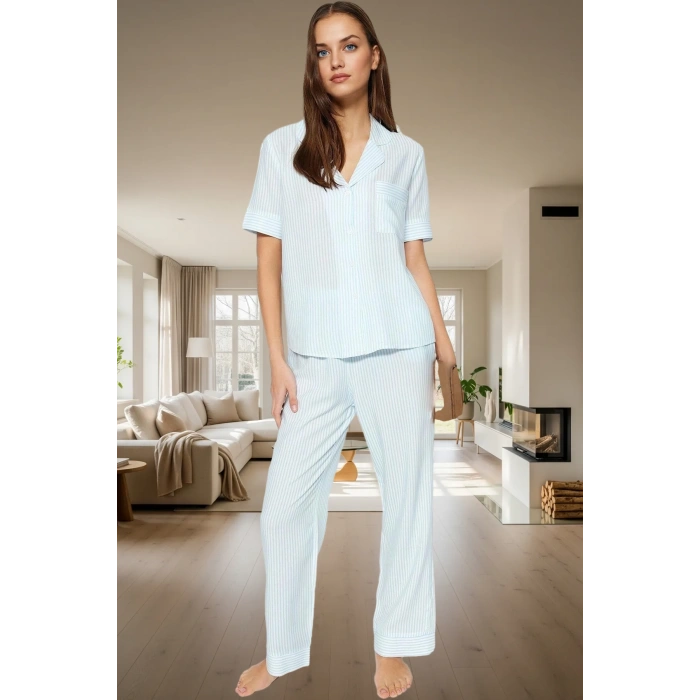 Shally Dokuma %100 Viskoz Pijama Takımı Çizgili Rahat ve Şık Konforlu Kesim Premium Kalite