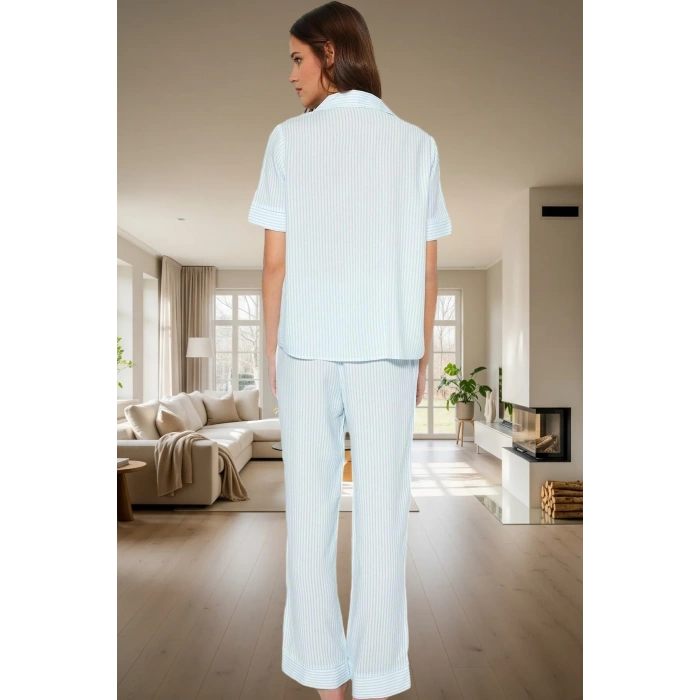 Shally Dokuma %100 Viskoz Pijama Takımı Çizgili Rahat ve Şık Konforlu Kesim Premium Kalite