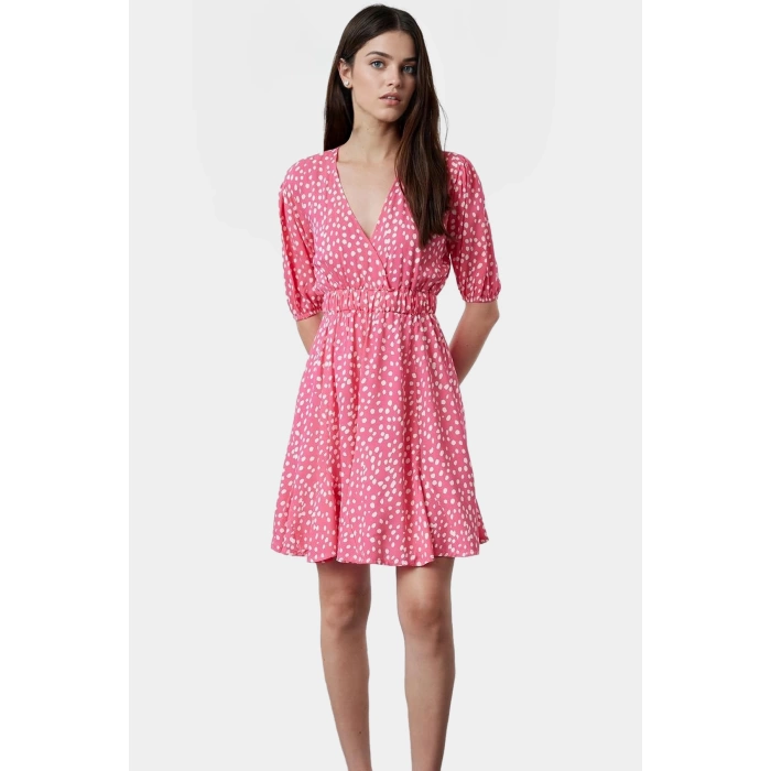 Shally Dokuma Mini Elbise V Yaka Kısa Kollu Çiçek Desenli Rahat Seçkin Malzeme Modern Stil