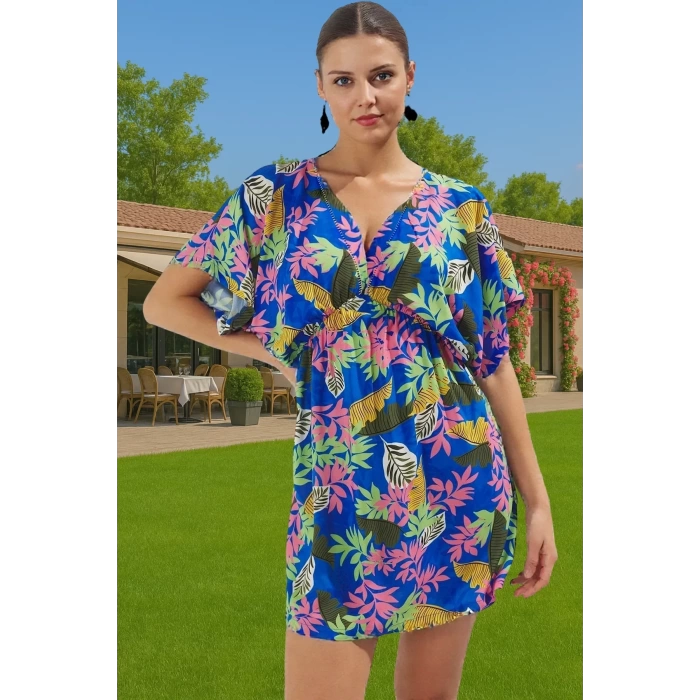 Shally Dokuma Viskoz Mini Elbise Çiçek Desenli Yazlık Plaj Günlük Kullanım İçin Modern Stil