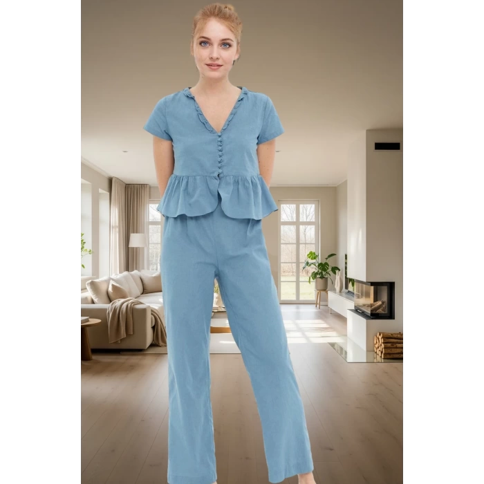 Shally Dokuma Viskoz Pijama Takımı V Yaka Fırfır Detay Rahat Kalıp Seçkin Malzeme