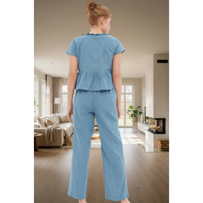 Shally Dokuma Viskoz Pijama Takımı V Yaka Fırfır Detay Rahat Kalıp Seçkin Malzeme