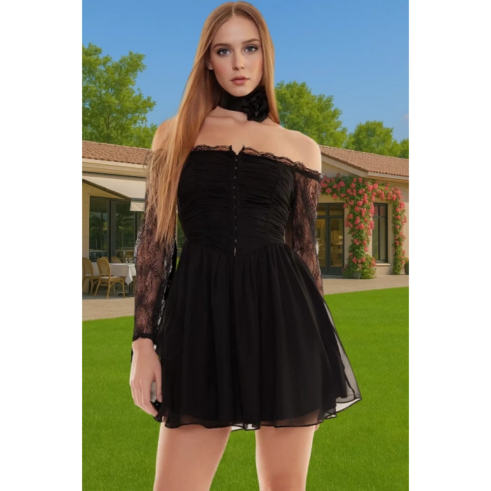 Şifon A Kesim Dantelli Uzun Kollu Abiye Elbise Mezuniyet Balo Uzun Ömürlü Uzun Ömürlü Modern Stil