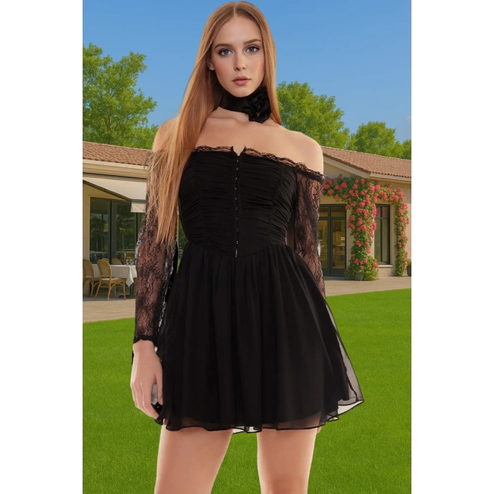 Şifon A Kesim Dantelli Uzun Kollu Abiye Elbise Mezuniyet Balo Uzun Ömürlü Uzun Ömürlü Modern Stil