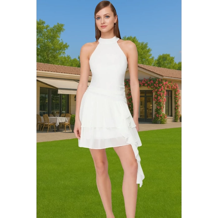 Şifon A Kesim Fırfırlı Mini Abiye Elbise Modern Stil Uzun Ömürlü Modern Stil Premium Kalite