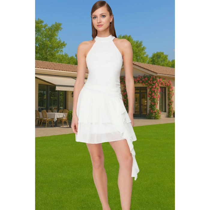 Şifon A Kesim Fırfırlı Mini Abiye Elbise Modern Stil Uzun Ömürlü Modern Stil Premium Kalite
