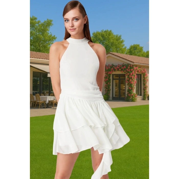 Şifon A Kesim Fırfırlı Mini Abiye Elbise Modern Stil Uzun Ömürlü Modern Stil Premium Kalite