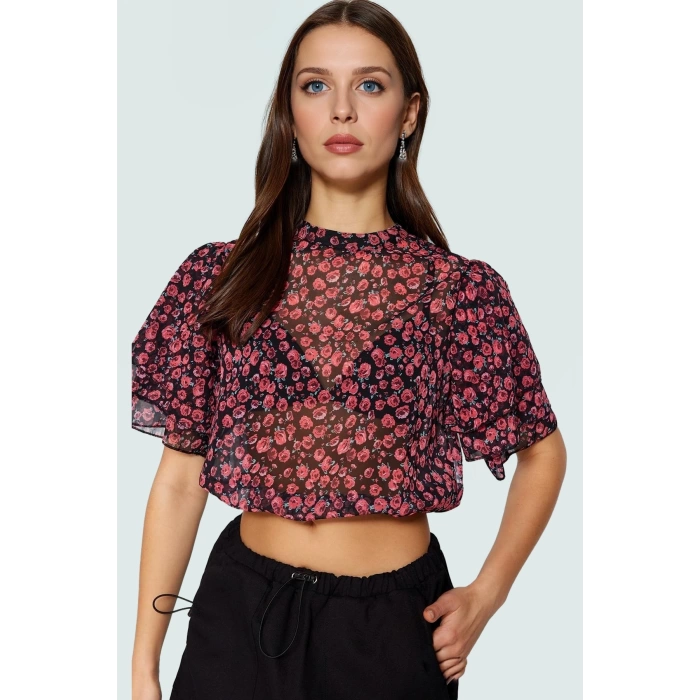 Şifon Kumaşlı Çiçek Desenli Bisiklet Yaka Crop Bluz Yazlık Casual Özel Tasarım Uzun Ömürlü
