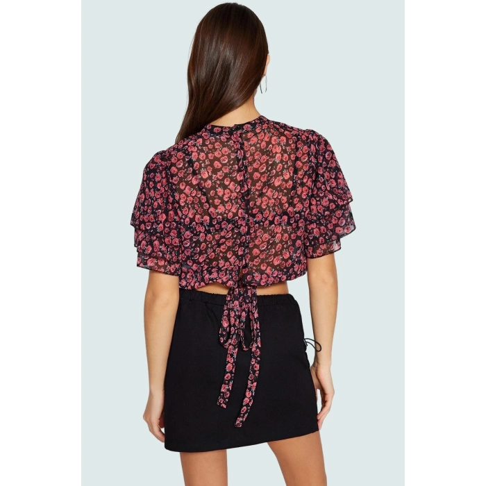 Şifon Kumaşlı Çiçek Desenli Bisiklet Yaka Crop Bluz Yazlık Casual Özel Tasarım Uzun Ömürlü