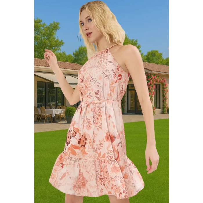 Şifon Kumaşlı Çiçekli Mini Elbise Rahat Günlük Stil Halter Yaka Mükemmel Uyum Trend Tasarım