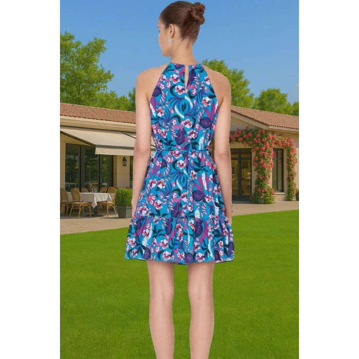Şifon Kumaşlı Çiçekli Mini Elbise Rahat Günlük Stil Halter Yaka Mükemmel Uyum Trend Tasarım