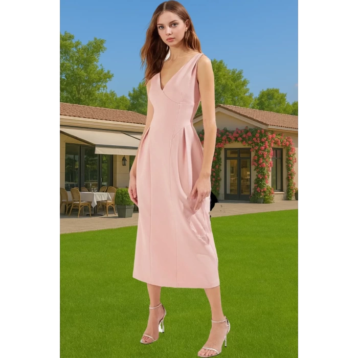 Şık A Kesim Midi Abiye Elbise Polyester Elastan Dokuma Kumaş Profesyonel Görünüm Modern Stil
