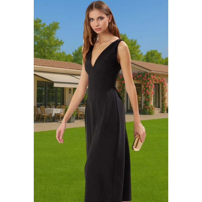 Şık A Kesim Midi Abiye Elbise Polyester Elastan Dokuma Kumaş Profesyonel Görünüm Modern Stil