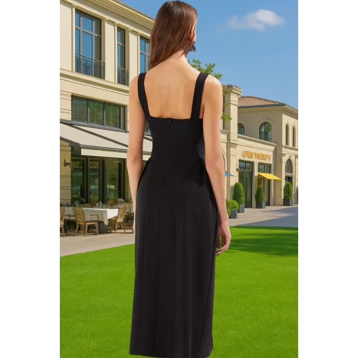 Şık A Kesim Midi Abiye Elbise Polyester Elastan Dokuma Kumaş Profesyonel Görünüm Modern Stil