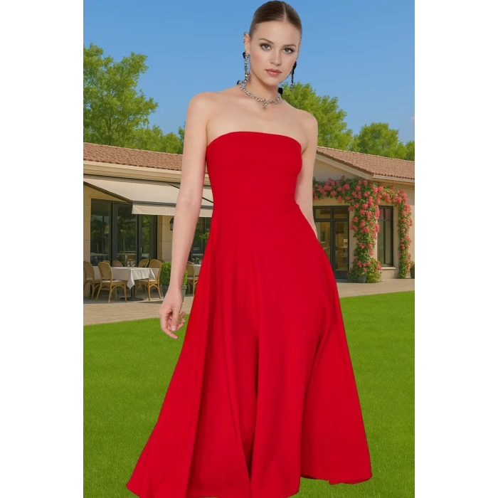 Şık A Kesim Straplez Midi Elbise Finike Dokuma Polyester Elastan Konforlu Kesim Rahat Ve Şık