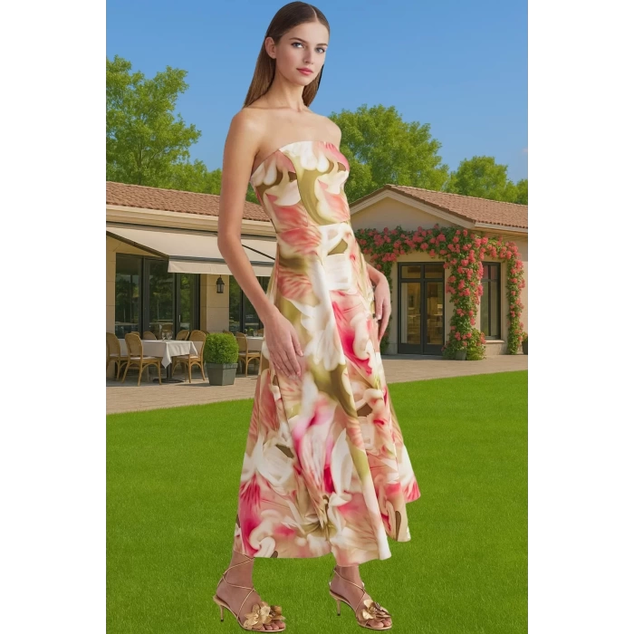 Şık A Kesim Straplez Midi Elbise Finike Dokuma Polyester Elastan Konforlu Kesim Rahat Ve Şık