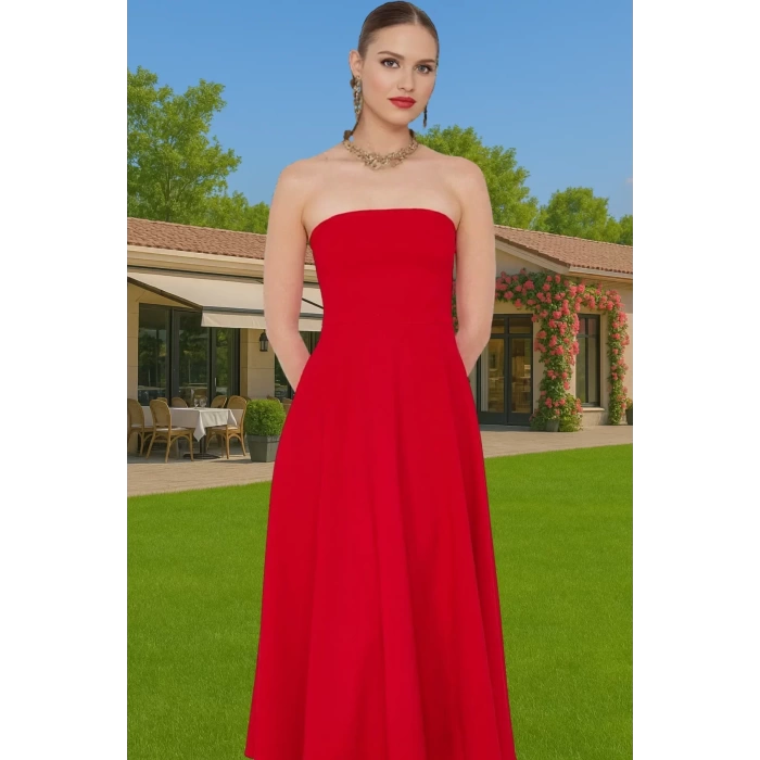 Şık A Kesim Straplez Midi Elbise Finike Dokuma Polyester Elastan Konforlu Kesim Rahat Ve Şık
