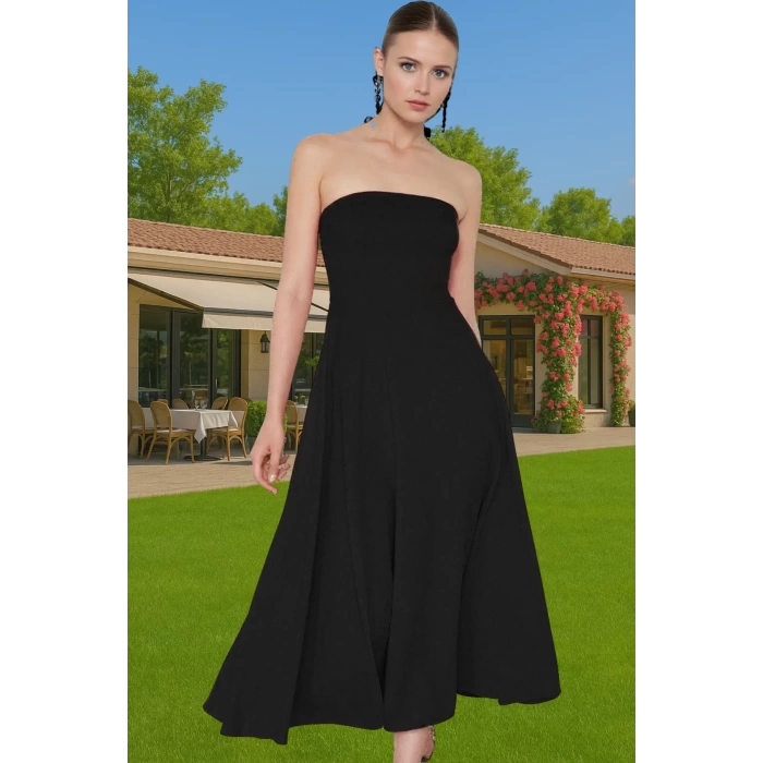 Şık A Kesim Straplez Midi Elbise Finike Dokuma Polyester Elastan Konforlu Kesim Rahat Ve Şık