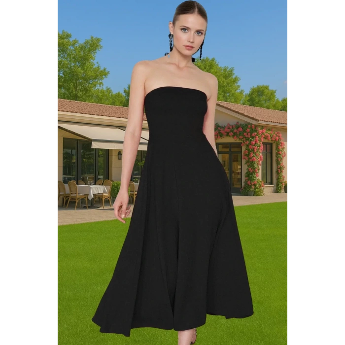 Şık A Kesim Straplez Midi Elbise Finike Dokuma Polyester Elastan Konforlu Kesim Rahat Ve Şık
