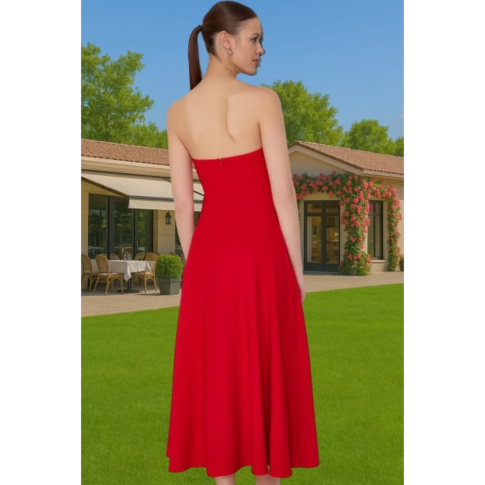 Şık A Kesim Straplez Midi Elbise Finike Dokuma Polyester Elastan Konforlu Kesim Rahat Ve Şık