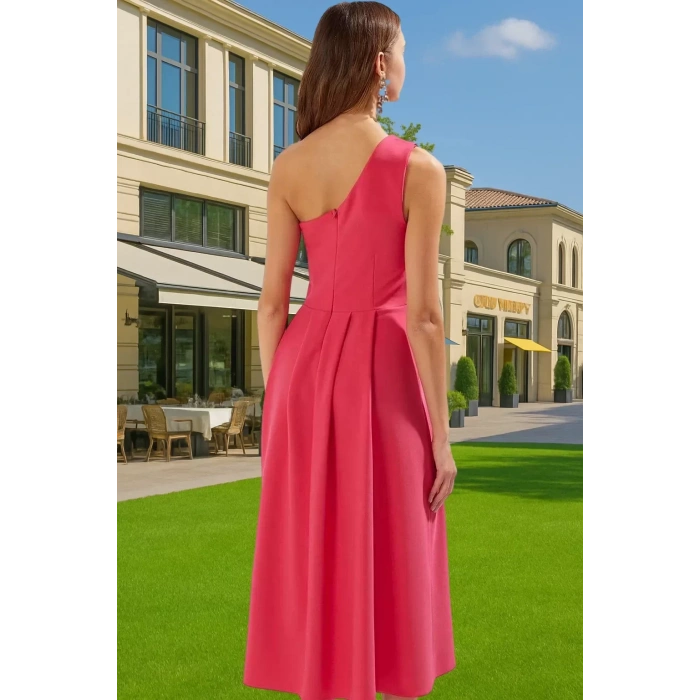 Şık A Kesim Tek Omuz Midi Polyester Elbise Rahat Kullanım Yüksek Kalite Zarifane Tasarım