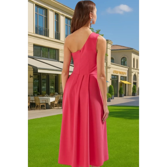 Şık A Kesim Tek Omuz Midi Polyester Elbise Rahat Kullanım Yüksek Kalite Zarifane Tasarım