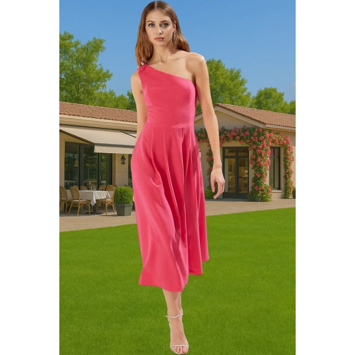 Şık A Kesim Tek Omuz Midi Polyester Elbise Rahat Kullanım Yüksek Kalite Zarifane Tasarım