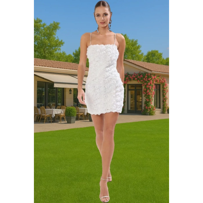 Şık Abiye Elbise 3 Boyutlu Gül Aplike Detaylı Mini Boy Polyester Yazlık Mükemmel Uyum Yüksek Kalite