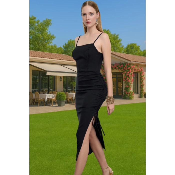 Şık Abiye Elbise Dokuma Polyester Karışımlı Midi Boy Gece Elbisesi Seçkin Malzeme Modern Stil