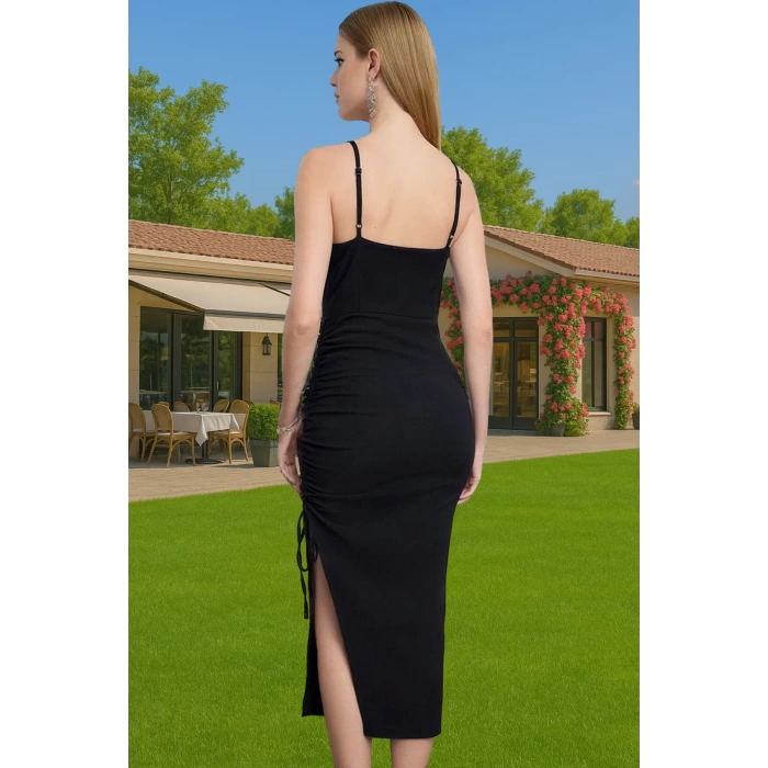 Şık Abiye Elbise Dokuma Polyester Karışımlı Midi Boy Gece Elbisesi Seçkin Malzeme Modern Stil