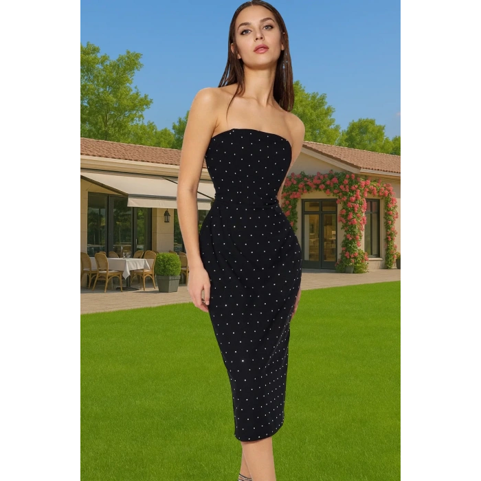 Şık Abiye Elbise Finike Dokuma Polyester Karışımlı Straplez Midi Boy Rahat Kullanım Trend Tasarım