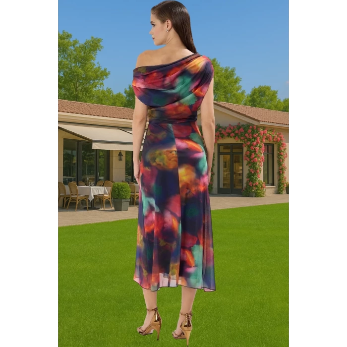 Şık Abiye Elbise Örme Tül Midi Boy Çok Renkli Desenli Rahat Ve Şık Özenle Seçilmiş Modern Stil