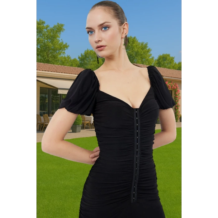 Şık Agraflı Midi Örme Elbise Dar Kalıp Polyester Yazlık Modern Stil Şık Görünüm Zarifane Tasarım