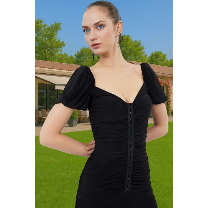 Şık Agraflı Midi Örme Elbise Dar Kalıp Polyester Yazlık Modern Stil Şık Görünüm Zarifane Tasarım