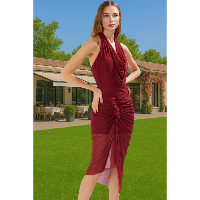 Şık Aksesuarlı Midi Örme Abiye Elbise Tül Astarlı Polyester Yazlık Yüksek Kalite Uzun Ömürlü